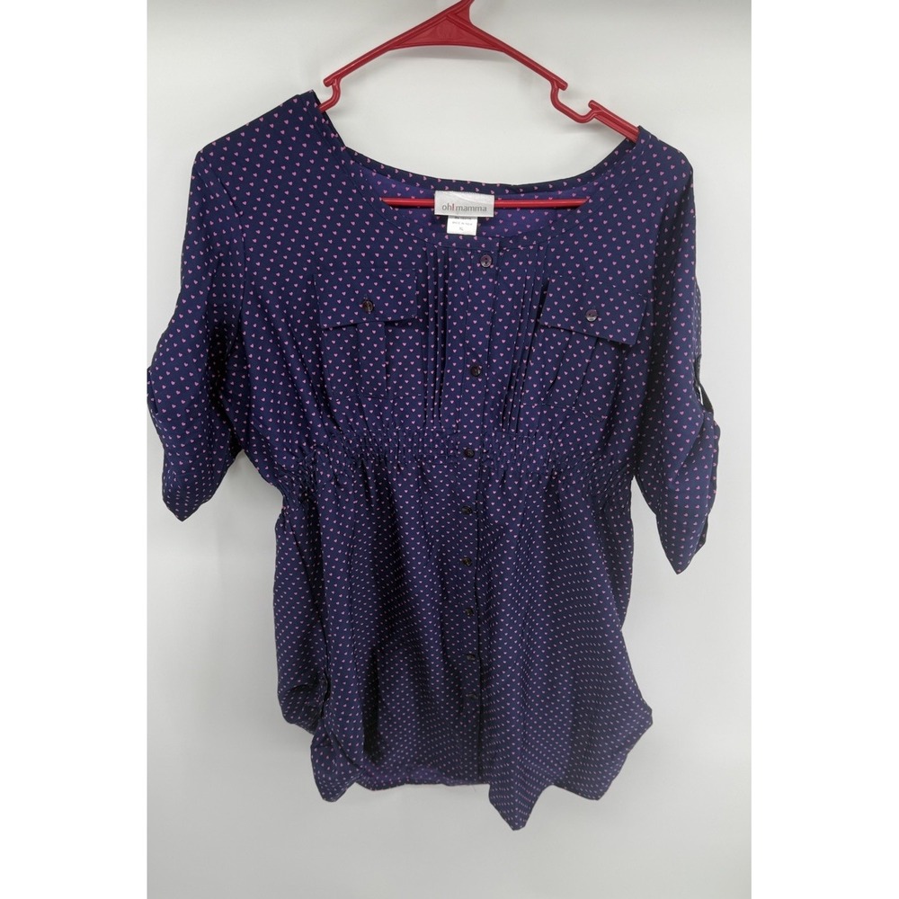 Oh! Mamma Maternity Blouse XL Purple Pink Heart Print Button Front Top